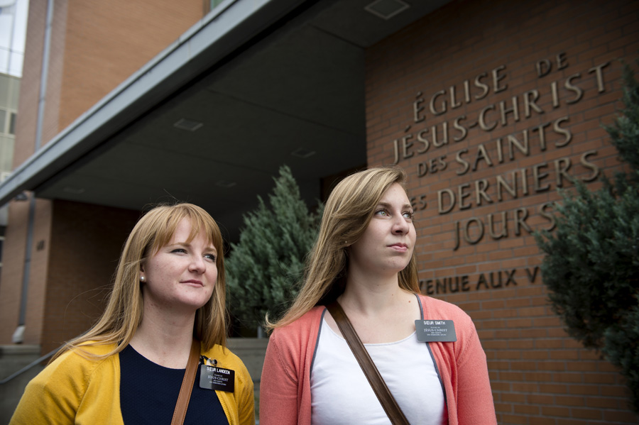 Sister Landeen (left) & sister Smith (right) in front of The Church of Jesus Christ of Latter-day Saints near Laurier Metro.