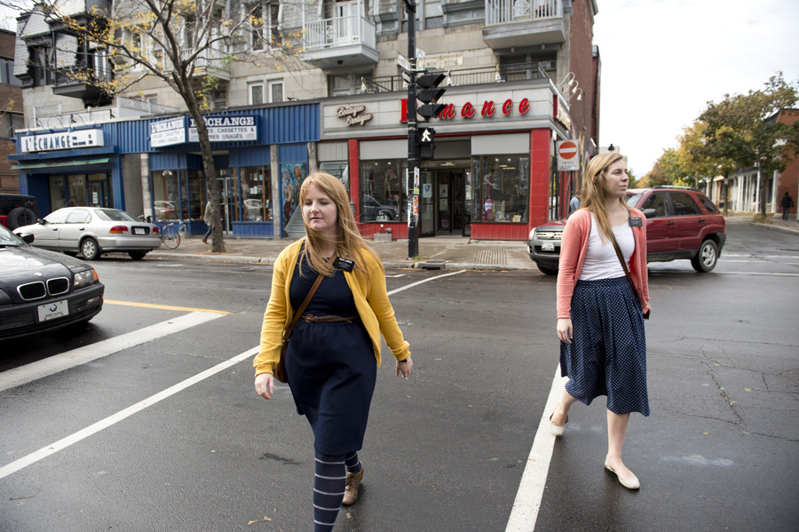 Sister Landeen & sister Smith doing street contacting in the Plateau neighborhood.