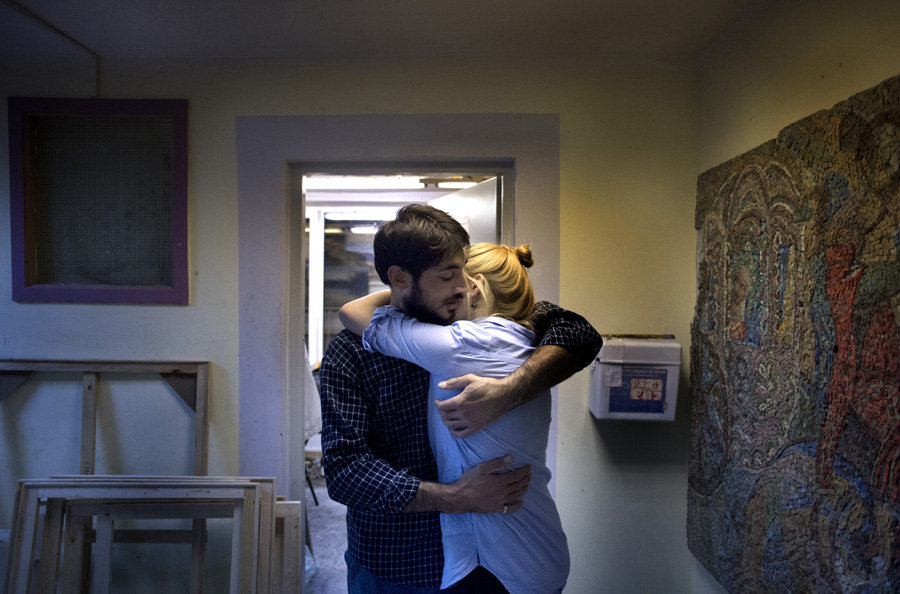 Inese hugging her boyfriend Gegham who also lives inside the dorm. They have been together for few months already.